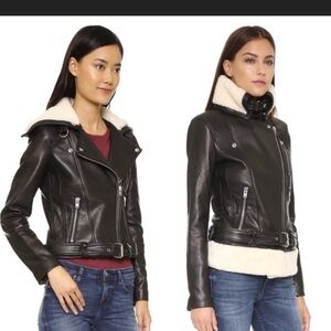 New IRO Black Leather Moto Jacket with Detachable Shearling Trim FR 36 US 0/2